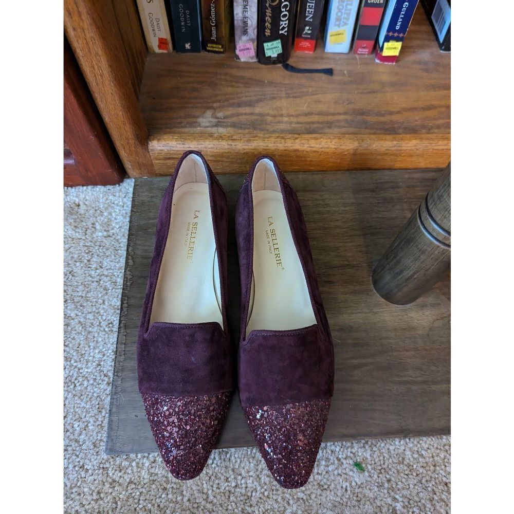 la sellerie burgundy sparkle toe and heel suede flats nwt sz 37
